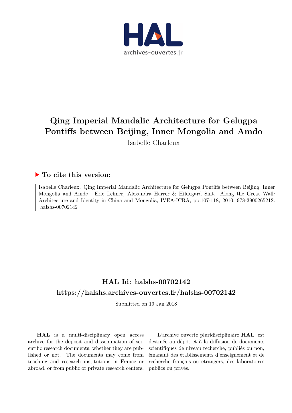 Qing Imperial Mandalic Architecture for Gelugpa Pontiffs Between Beijing, Inner Mongolia and Amdo Isabelle Charleux