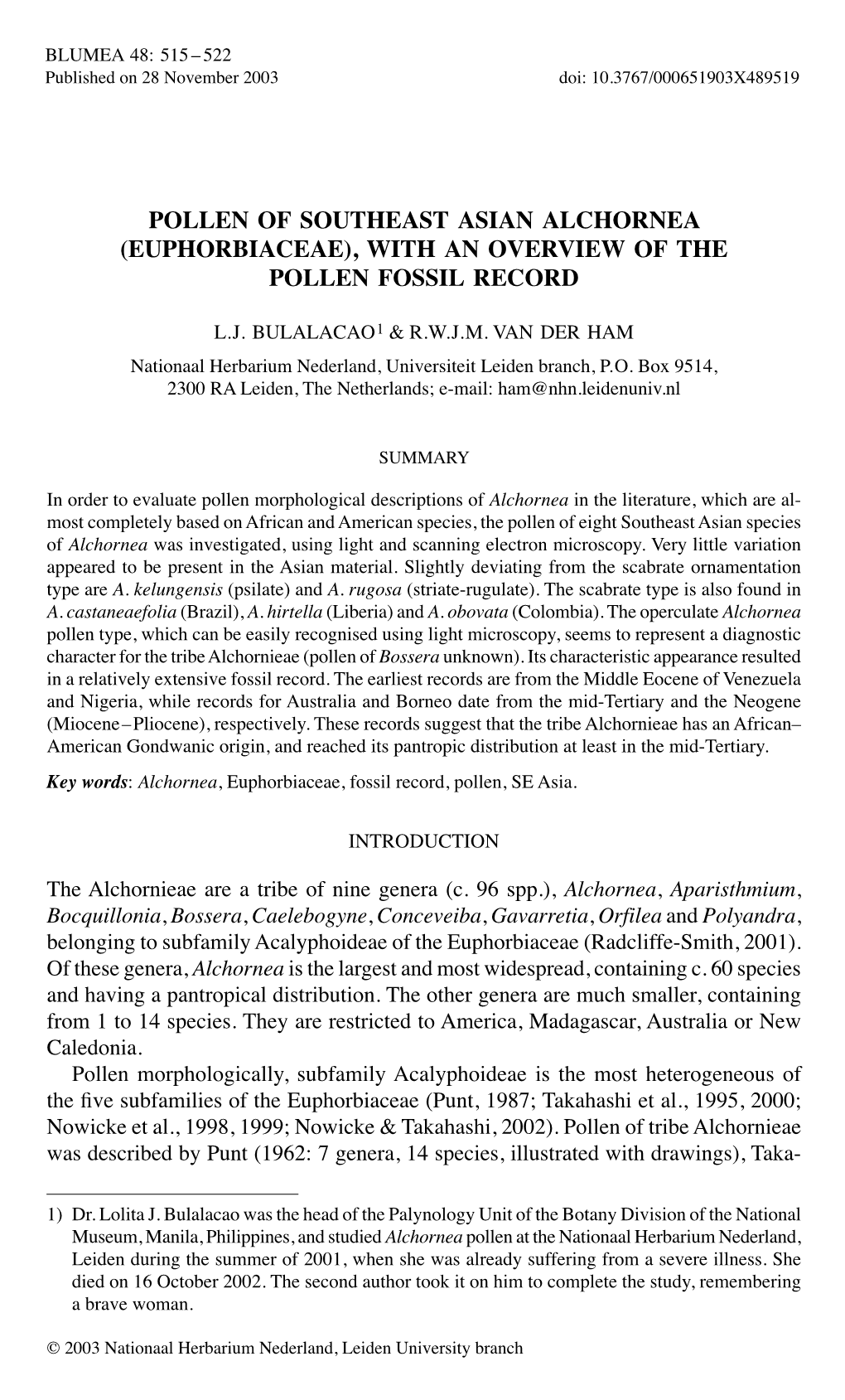 Pollen of Southeast Asian Alchornea (Euphorbiaceae), with an Overview of the Pollen Fossil Record