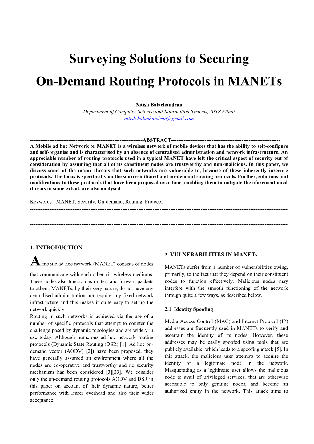 Surveying Solutions to Securing On-Demand Routing Protocols in Manets