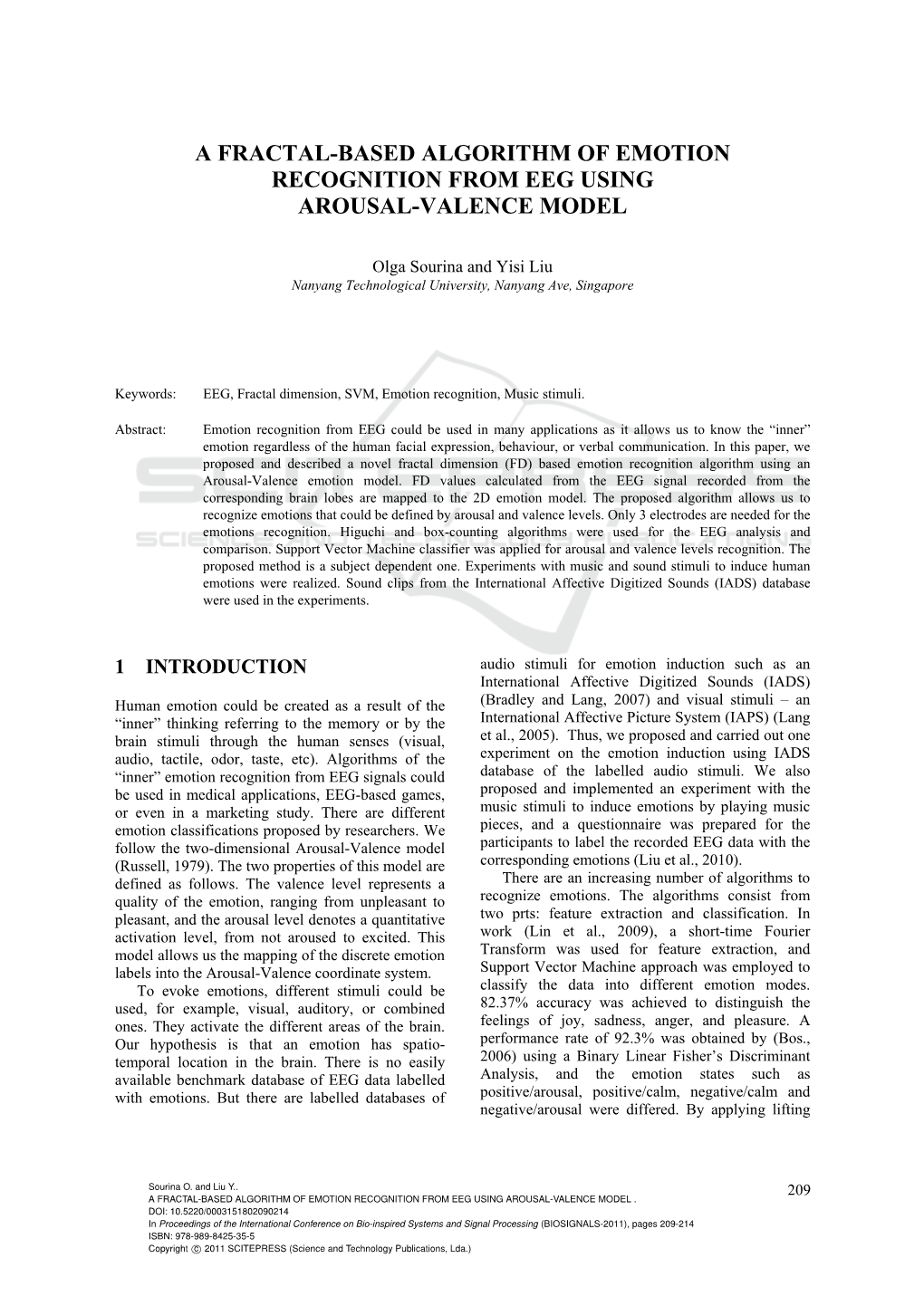 A Fractal-Based Algorithm of Emotion Recognition from Eeg Using Arousal-Valence Model