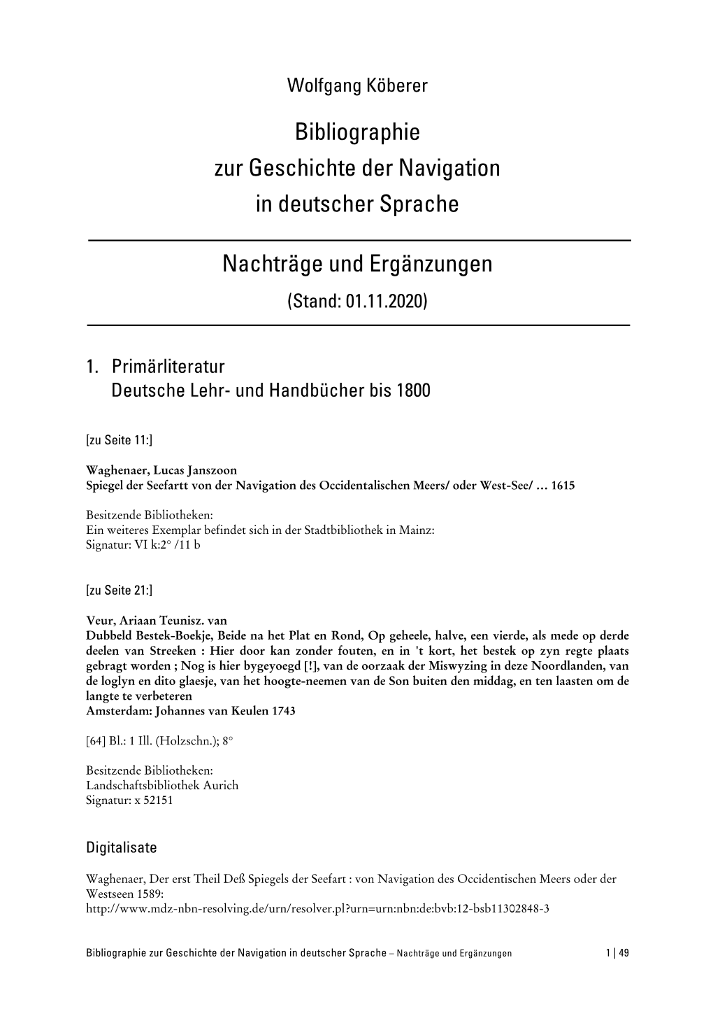 Bibliographie Zur Geschichte Der Navigation in Deutscher Sprache