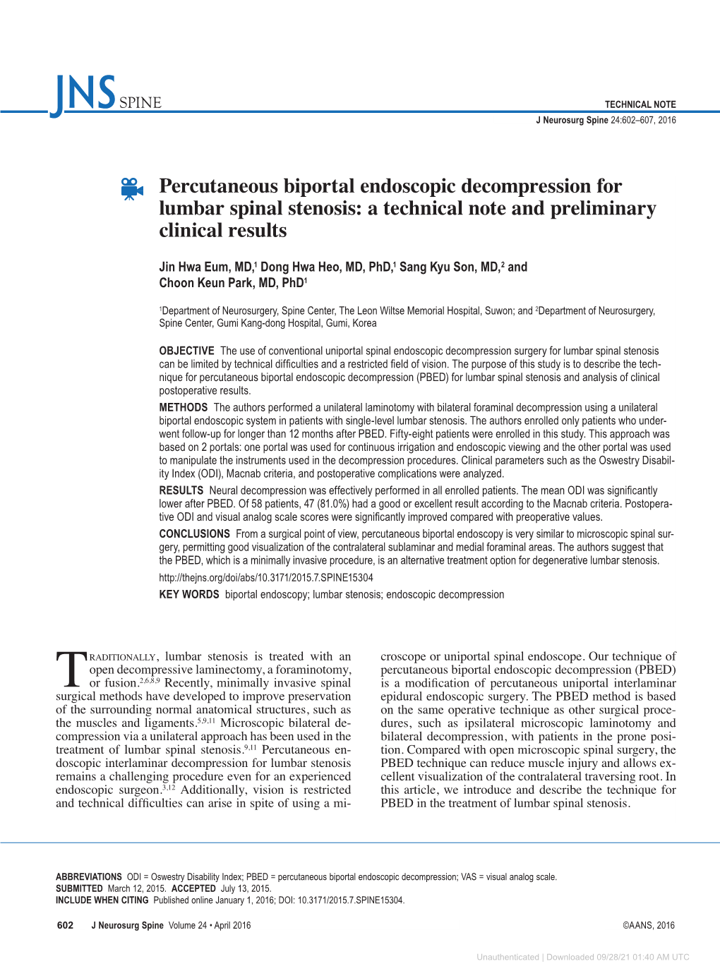 Percutaneous Biportal Endoscopic Decompression for Lumbar Spinal Stenosis: a Technical Note and Preliminary Clinical Results