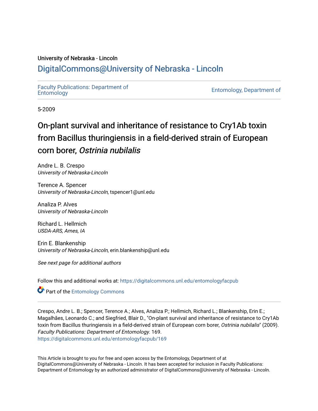 On-Plant Survival and Inheritance of Resistance to Cry1ab Toxin from Bacillus Thuringiensis in a Field-Derived Strain of European Corn Borer, Ostrinia Nubilalis