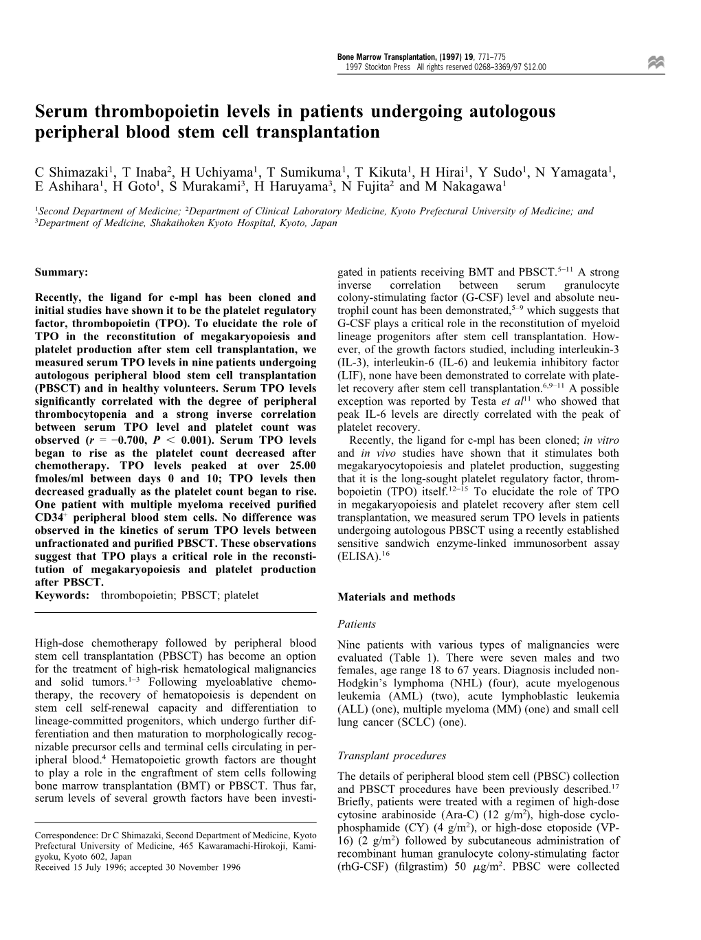 Serum Thrombopoietin Levels in Patients Undergoing Autologous Peripheral Blood Stem Cell Transplantation