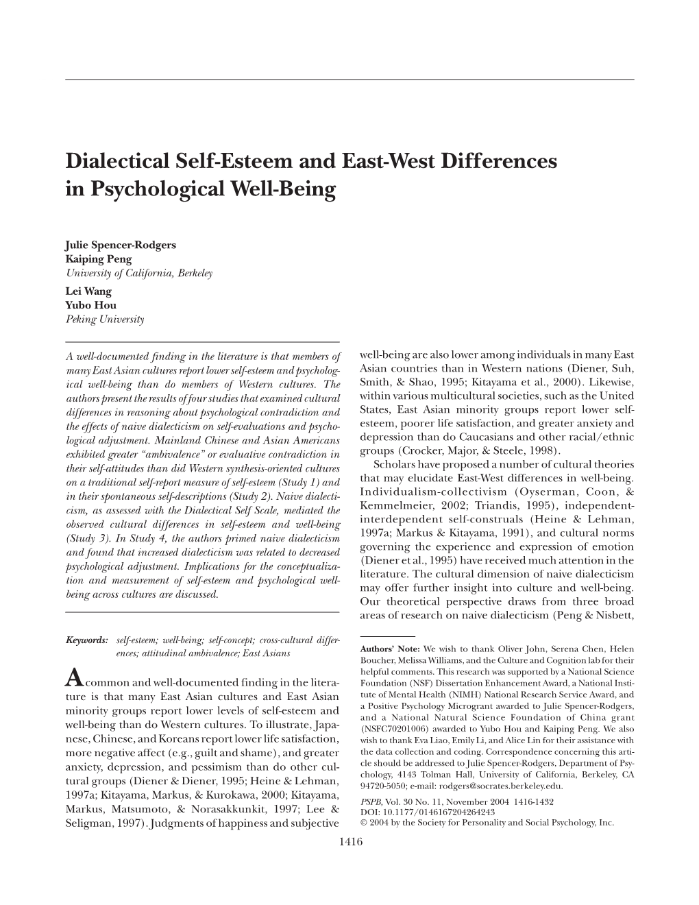 Dialectical Self-Esteem and East-West Differences in Psychological Well-Being
