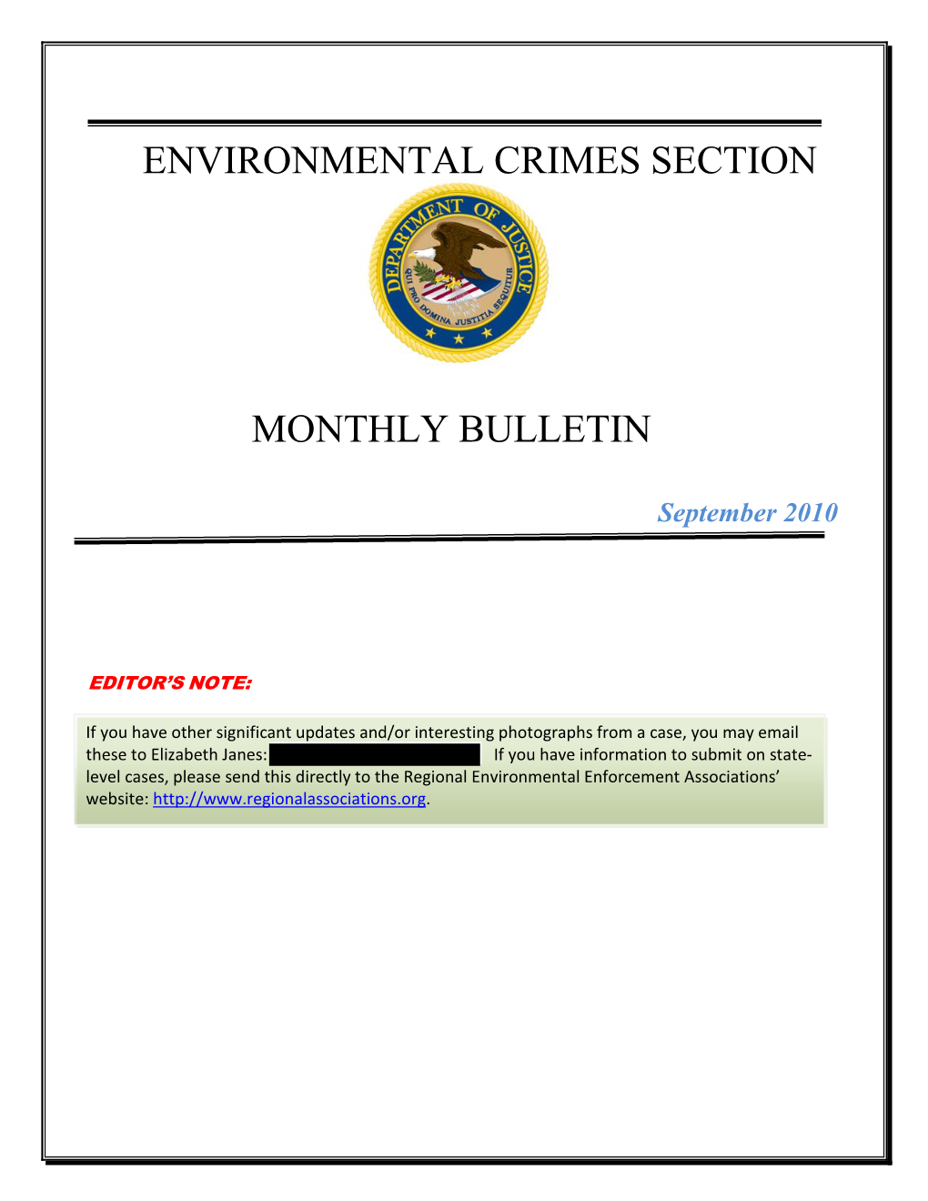 Environmental Crimes Section Monthly Bulletin September 2010