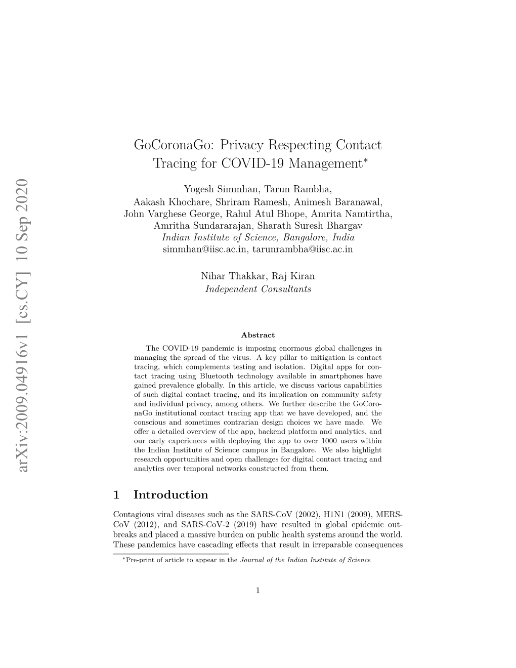 Gocoronago: Privacy Respecting Contact Tracing for COVID-19 Management∗