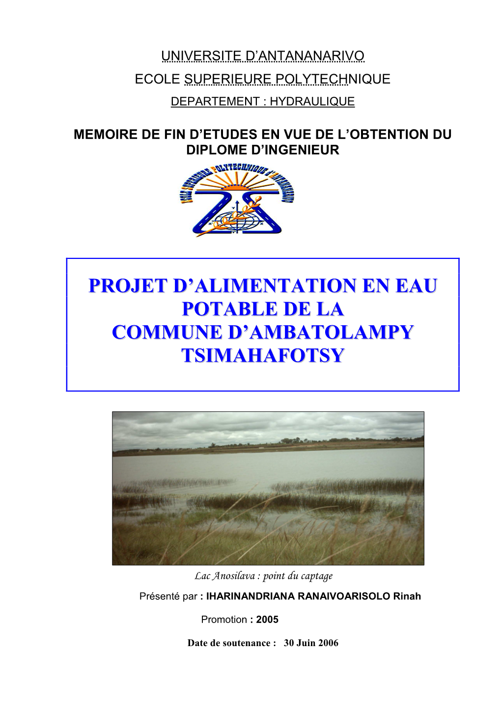 Projet D'alimentation En Eau Potable De La Commune D