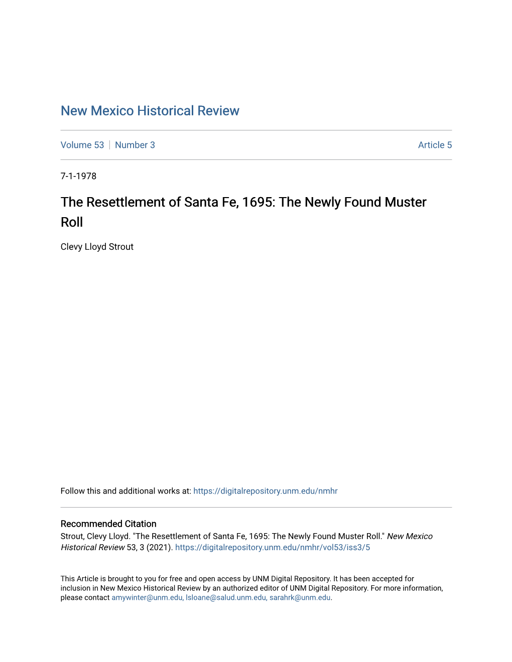 The Resettlement of Santa Fe, 1695: the Newly Found Muster Roll