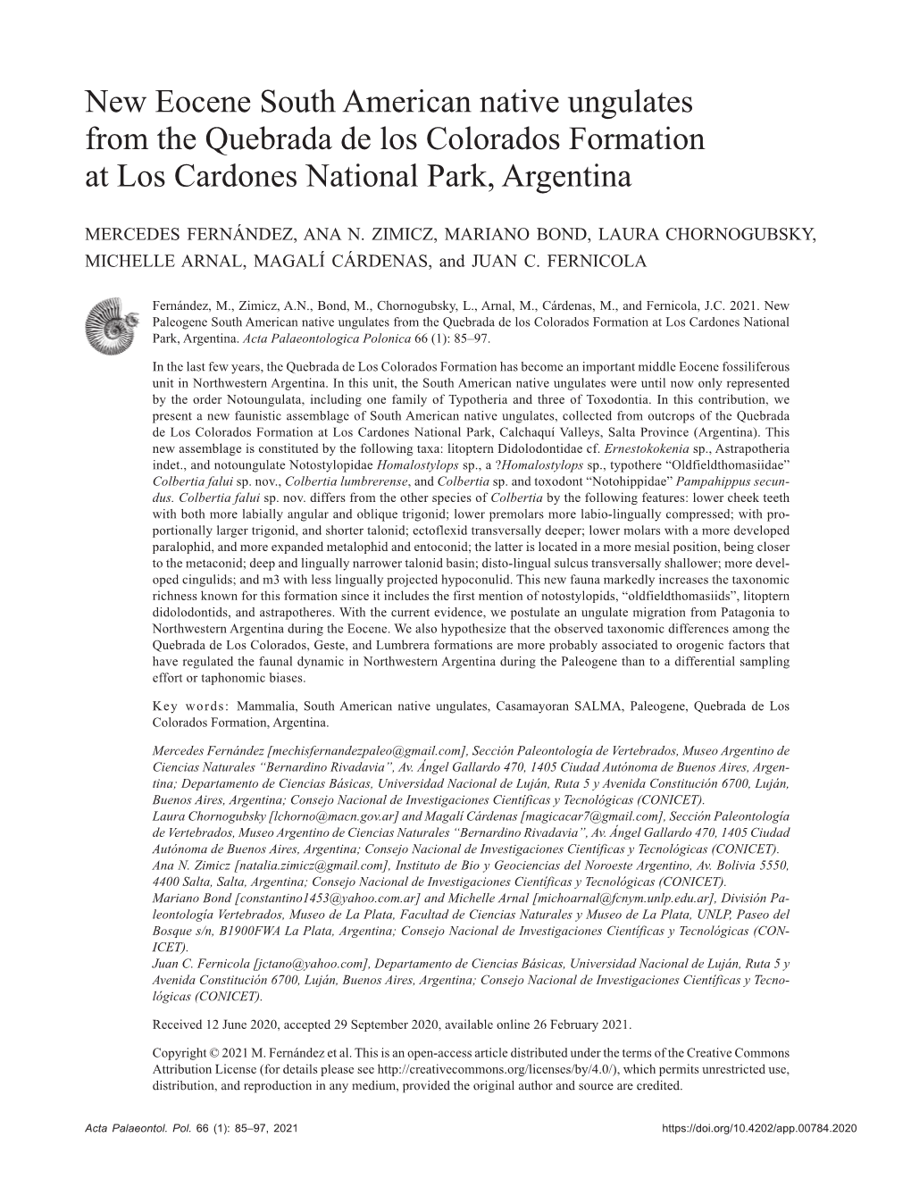 New Eocene South American Native Ungulates from the Quebrada De Los Colorados Formation at Los Cardones National Park, Argentina