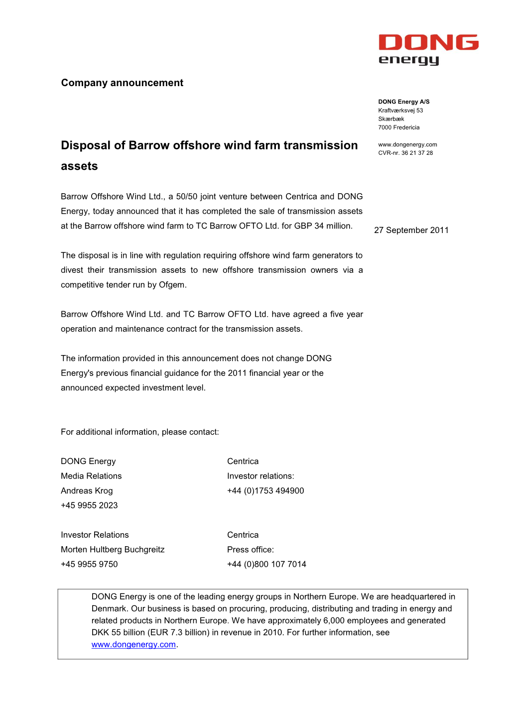 Disposal of Barrow Offshore Wind Farm Transmission Assets