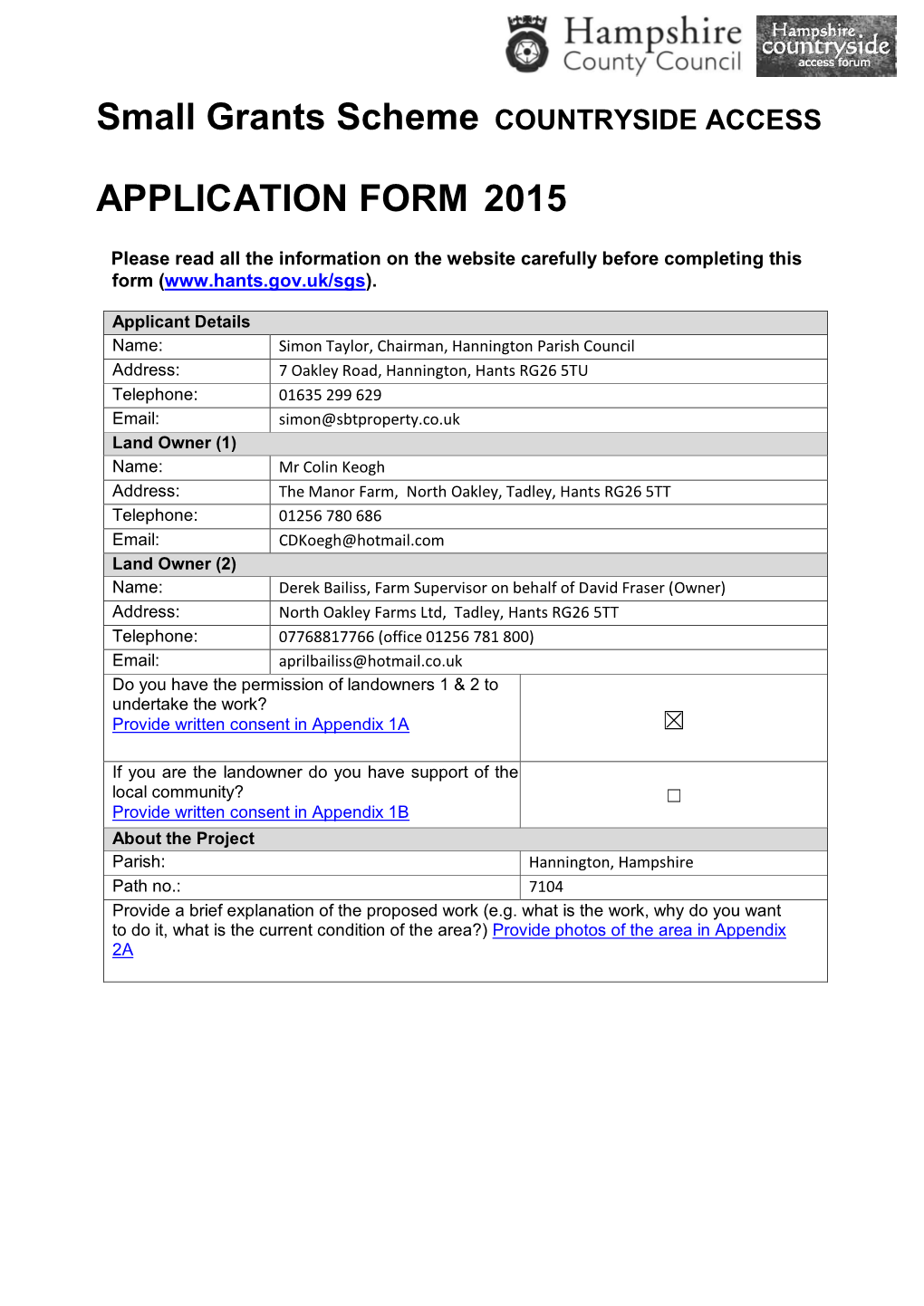 Small Grants Scheme COUNTRYSIDE ACCESS APPLICATION FORM 2015