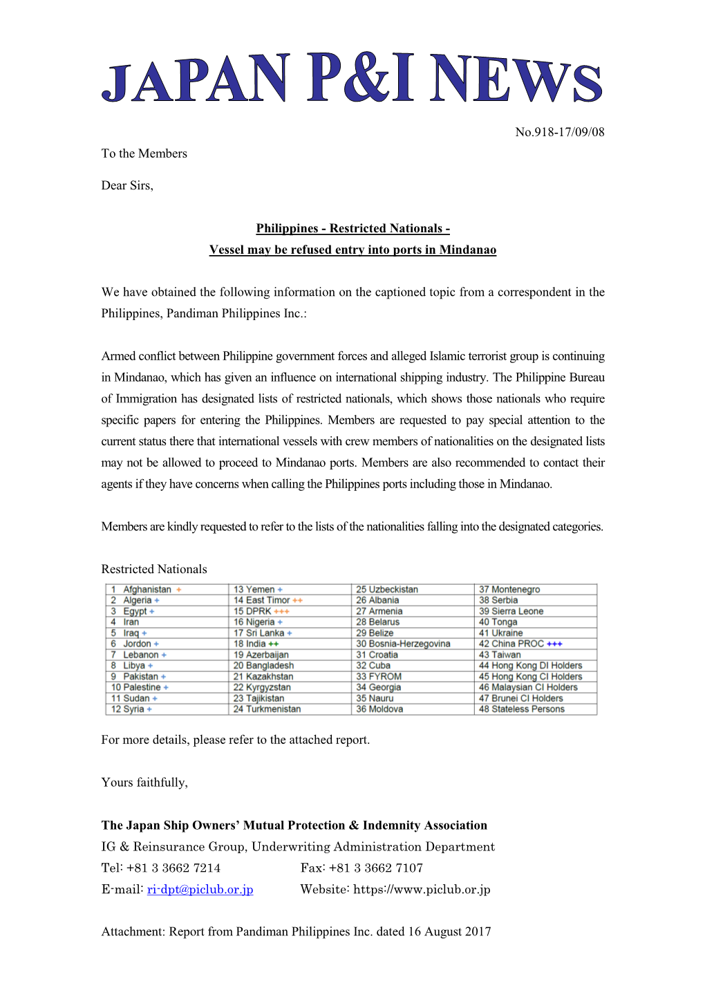 No.918 Philippines － Restricted Nationals －Vessel May Be Refused Entry Into Ports in Mindanao.Pdf