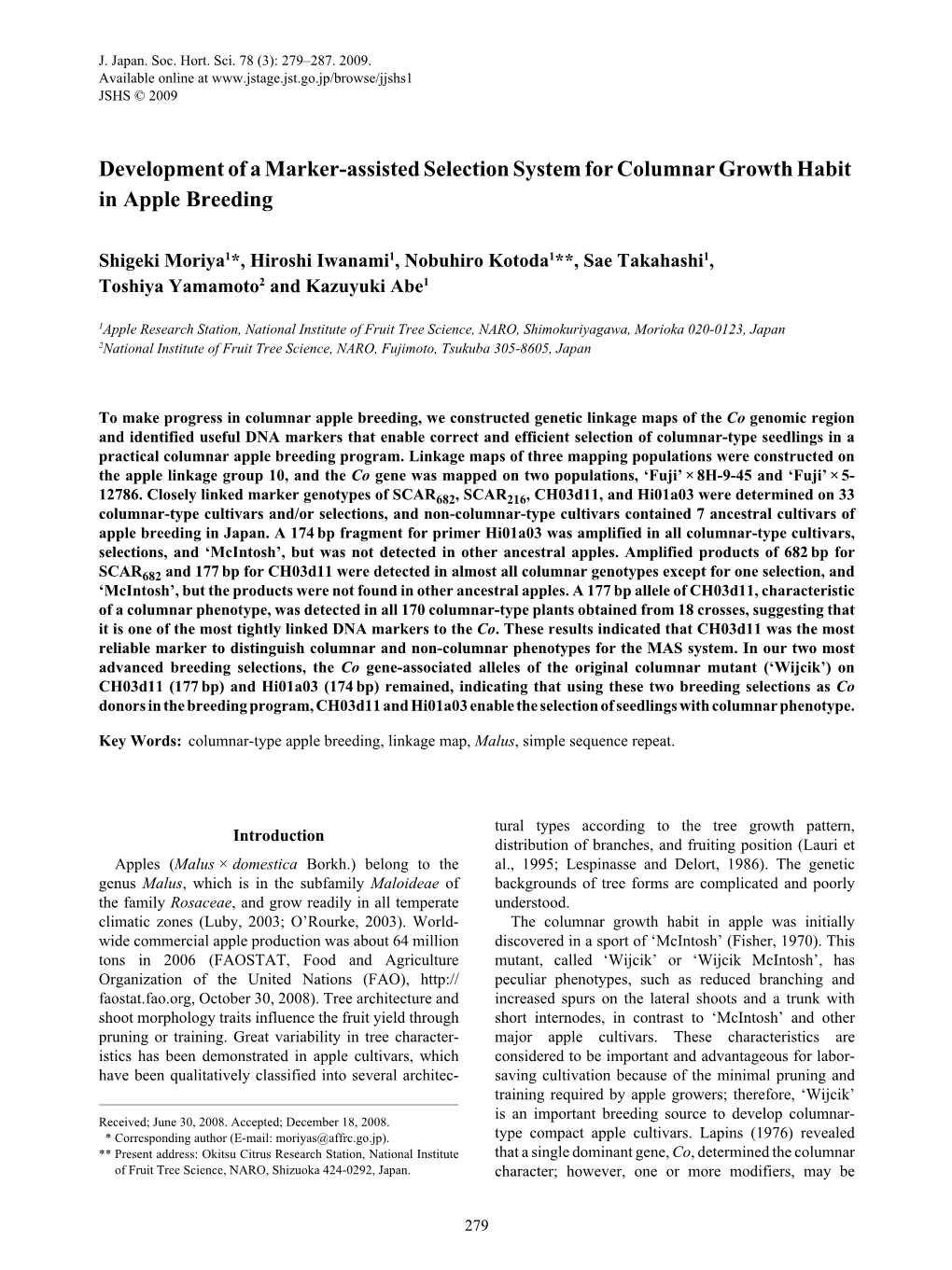 Development of a Marker-Assisted Selection System for Columnar Growth Habit in Apple Breeding