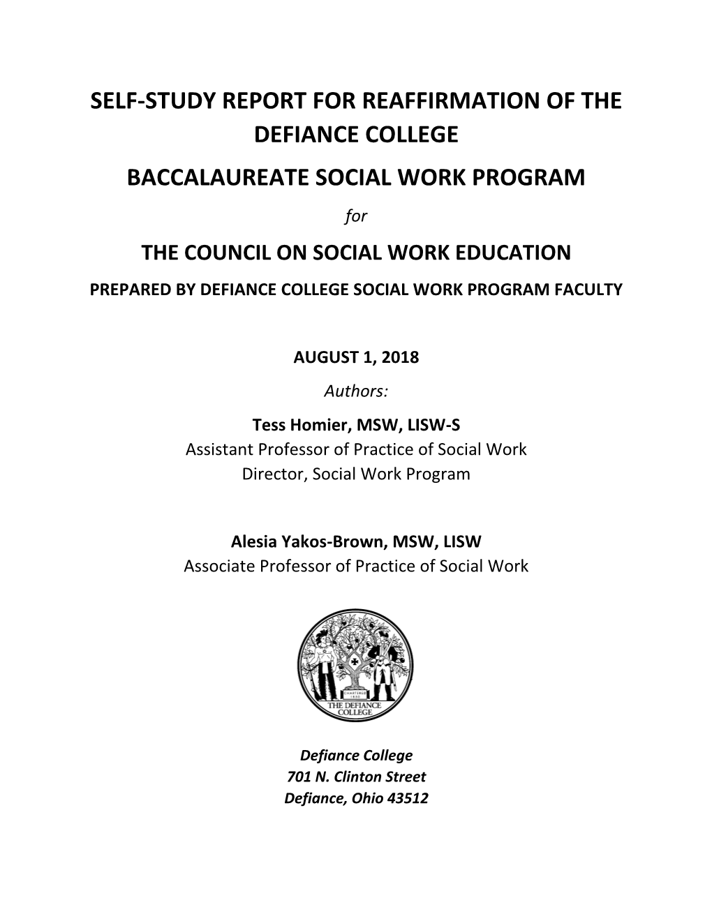 Self-Study Report for Reaffirmation of the Defiance College Baccalaureate