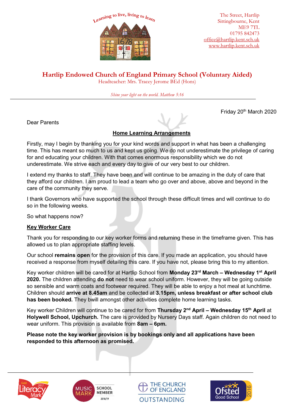 Hartlip Endowed Church of England Primary School (Voluntary Aided) Headteacher: Mrs