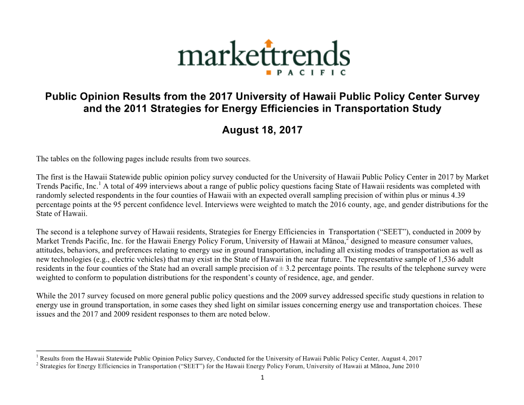 Public Opinion Results from the 2017 University of Hawaii Public Policy Center Survey and the 2011 Strategies for Energy Efficiencies in Transportation Study