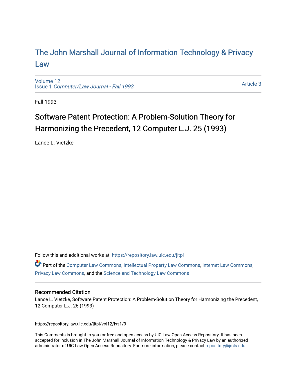 Software Patent Protection: a Problem-Solution Theory for Harmonizing the Precedent, 12 Computer L.J