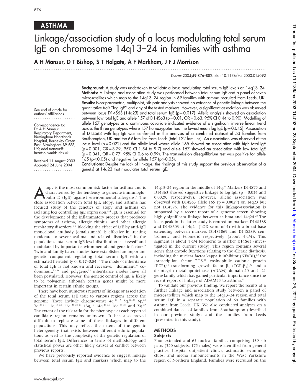 Linkage/Association Study of a Locus Modulating Total Serum Ige On