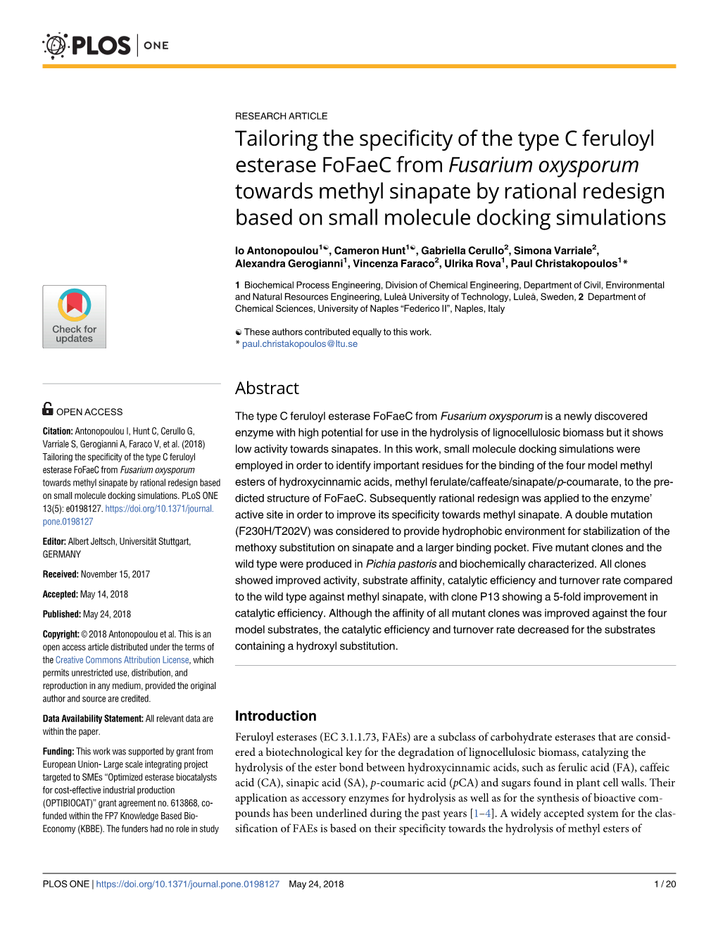 Tailoring the Specificity of the Type C Feruloyl Esterase Fofaec from Fusarium Oxysporum Towards Methyl Sinapate by Rational