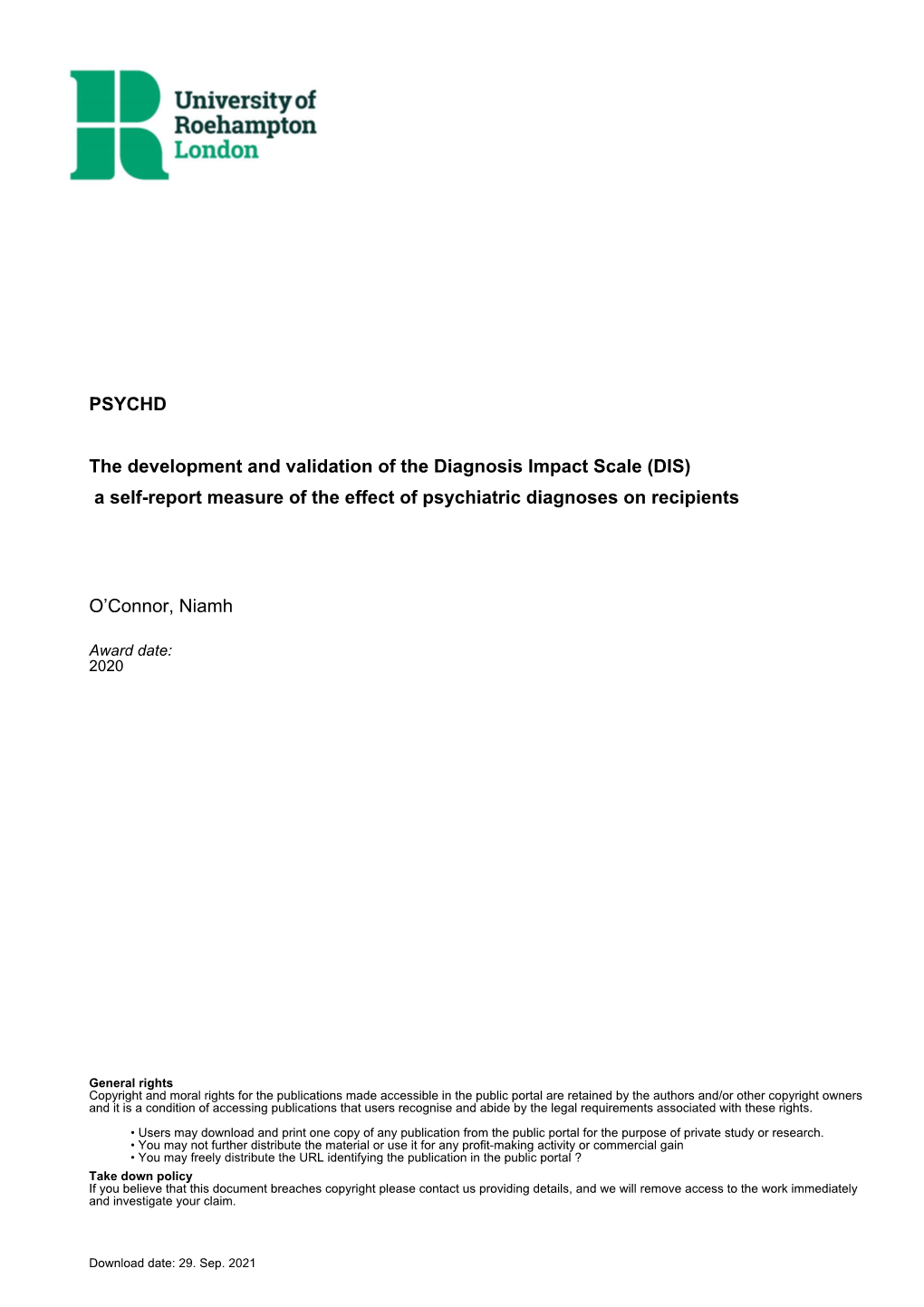 The Development and Validation of the Diagnosis Impact Scale (DIS) a Self-Report Measure of the Effect of Psychiatric Diagnoses on Recipients