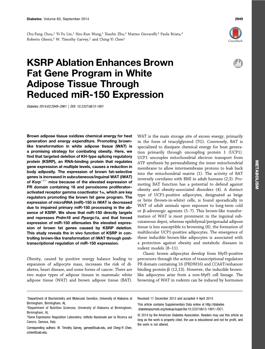 KSRP Ablation Enhances Brown Fat Gene Program in White Adipose Tissue Through Reduced Mir-150 Expression