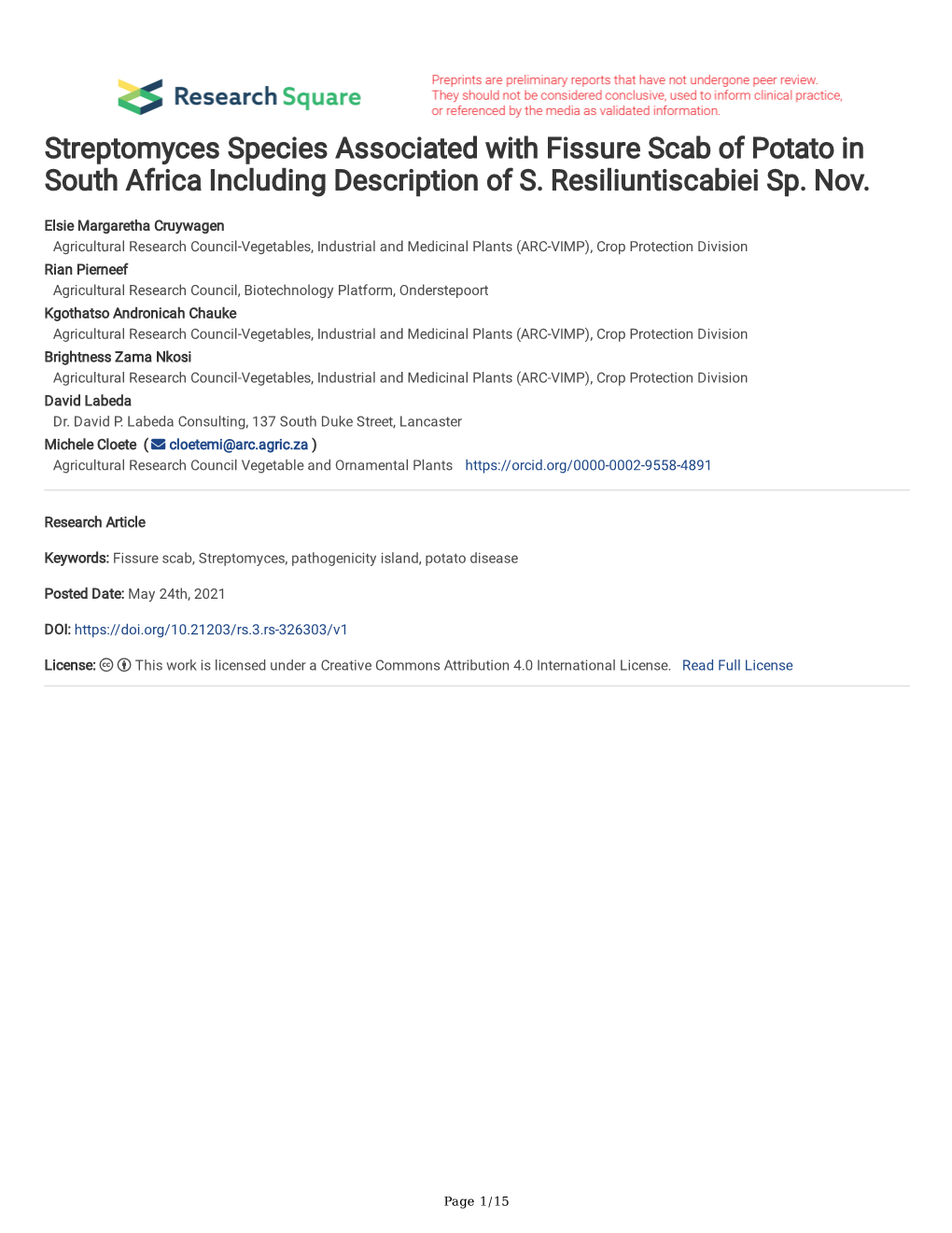 Streptomyces Species Associated with Fissure Scab of Potato in South Africa Including Description of S