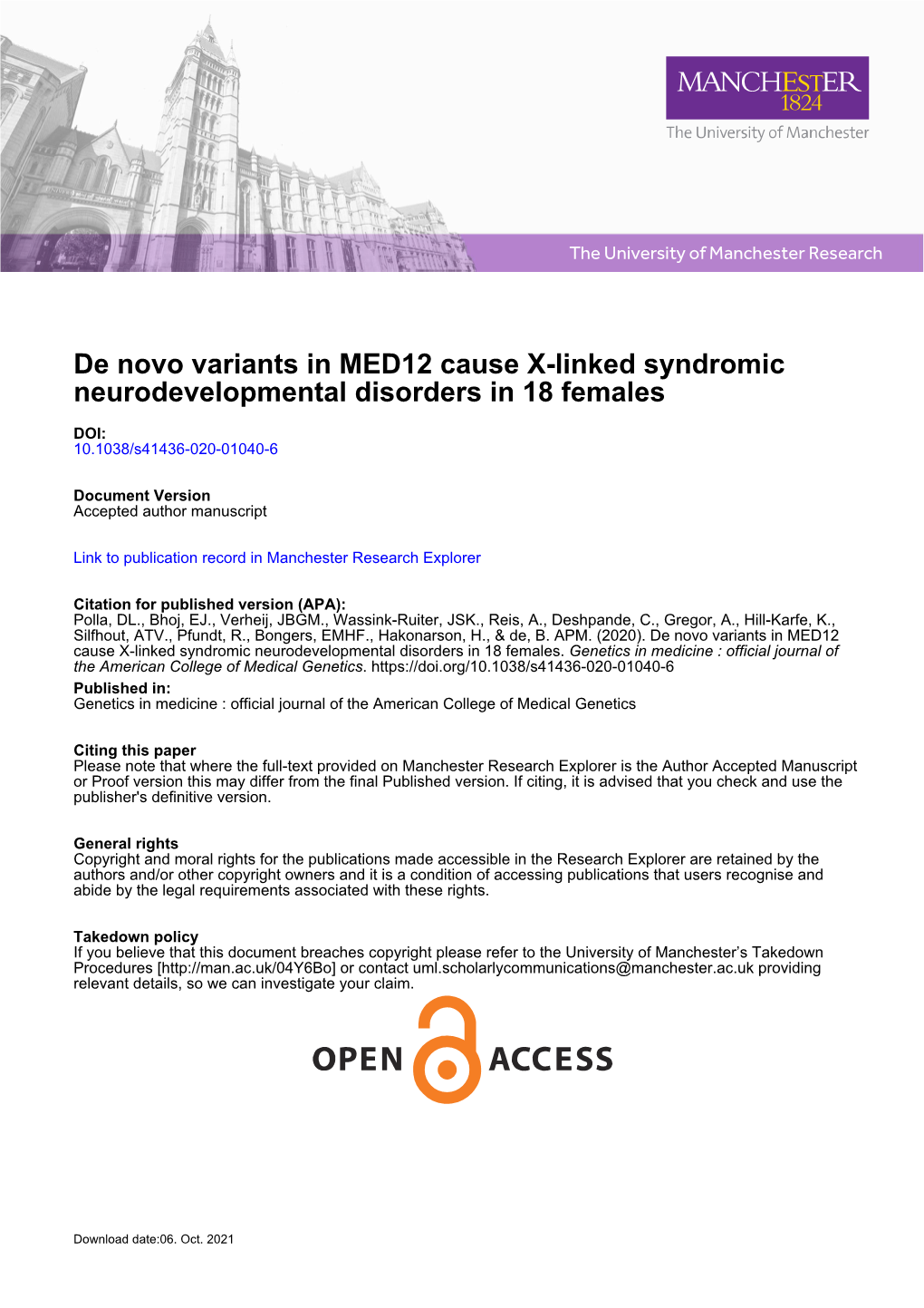 De Novo Variants in MED12 Cause X-Linked Syndromic Neurodevelopmental Disorders in 18 Females