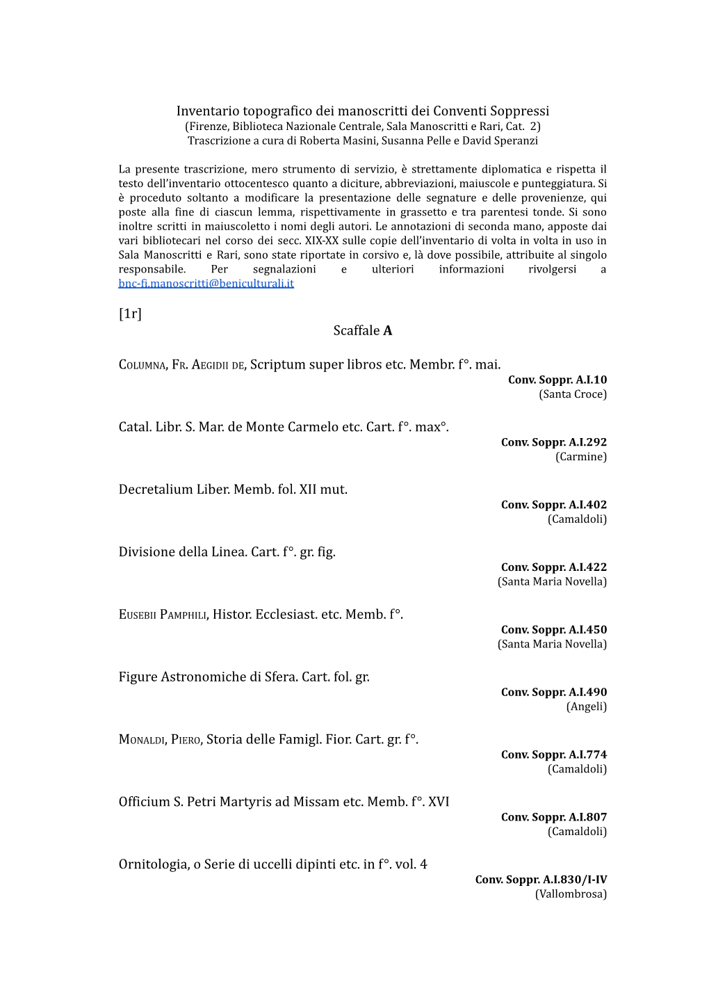 Inventario Topografico Dei Manoscritti Dei Conventi Soppressi (Firenze, Biblioteca Nazionale Centrale, Sala Manoscritti E Rari, Cat