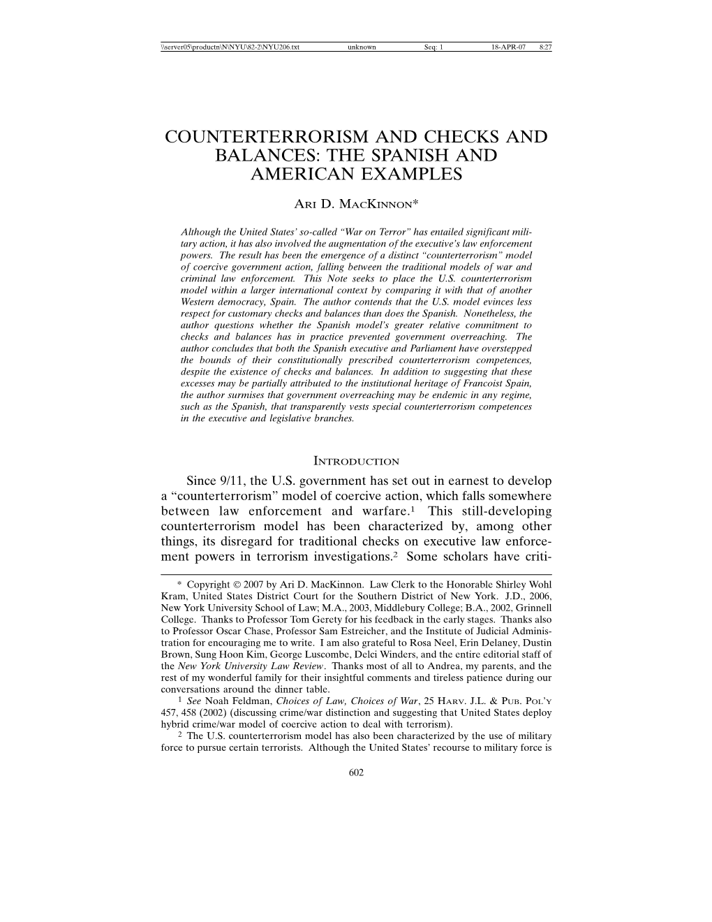 Counterterrorism and Checks and Balances: the Spanish and American Examples