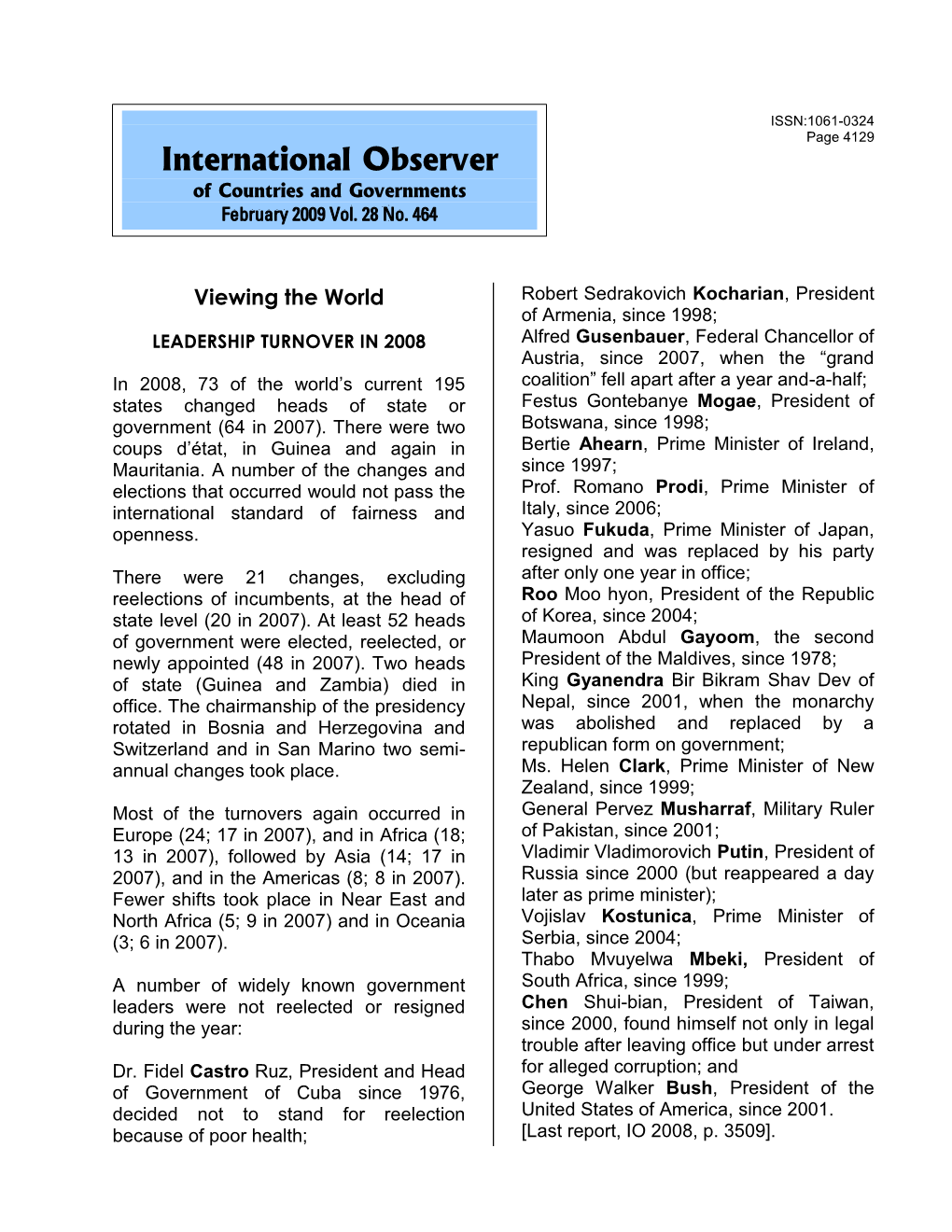 International Observer of Countries and Governments February 2009 Vol