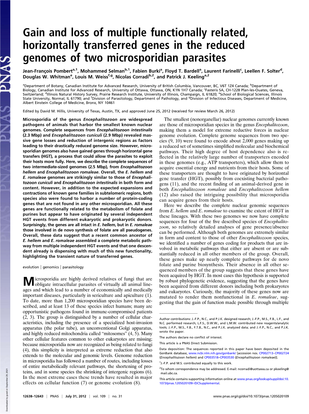 Gain and Loss of Multiple Functionally Related, Horizontally Transferred Genes in the Reduced Genomes of Two Microsporidian Parasites