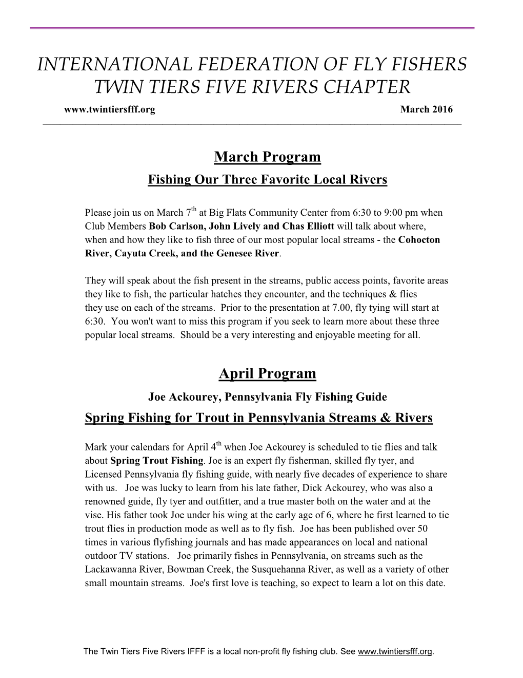 International Federation of Fly Fishers Twin Tiers Five Rivers Chapter