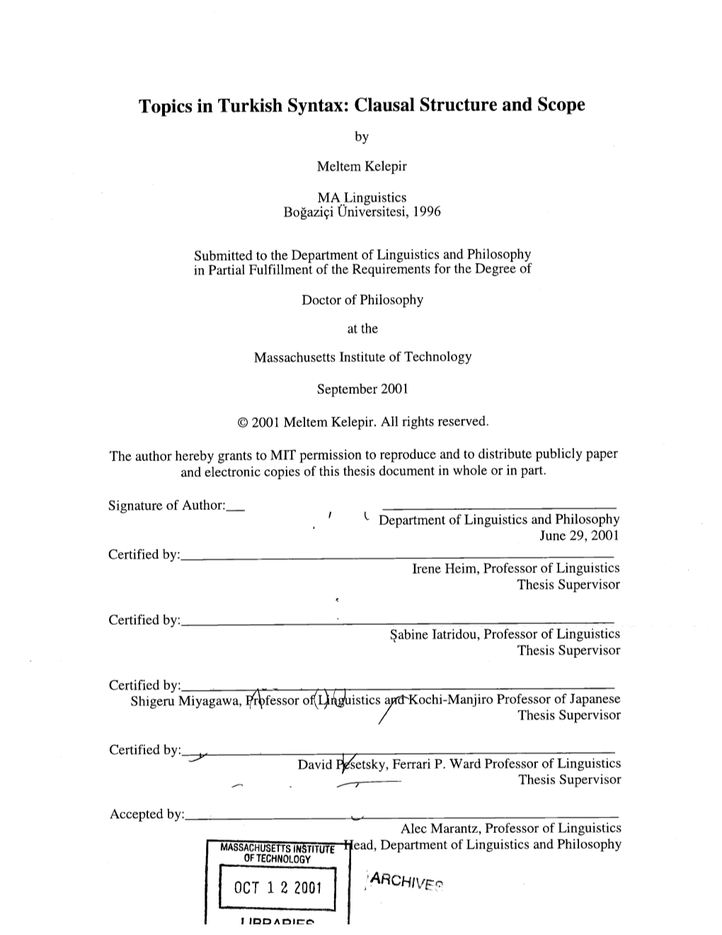 Topics in Turkish Syntax: Clausal Structure and Scope By