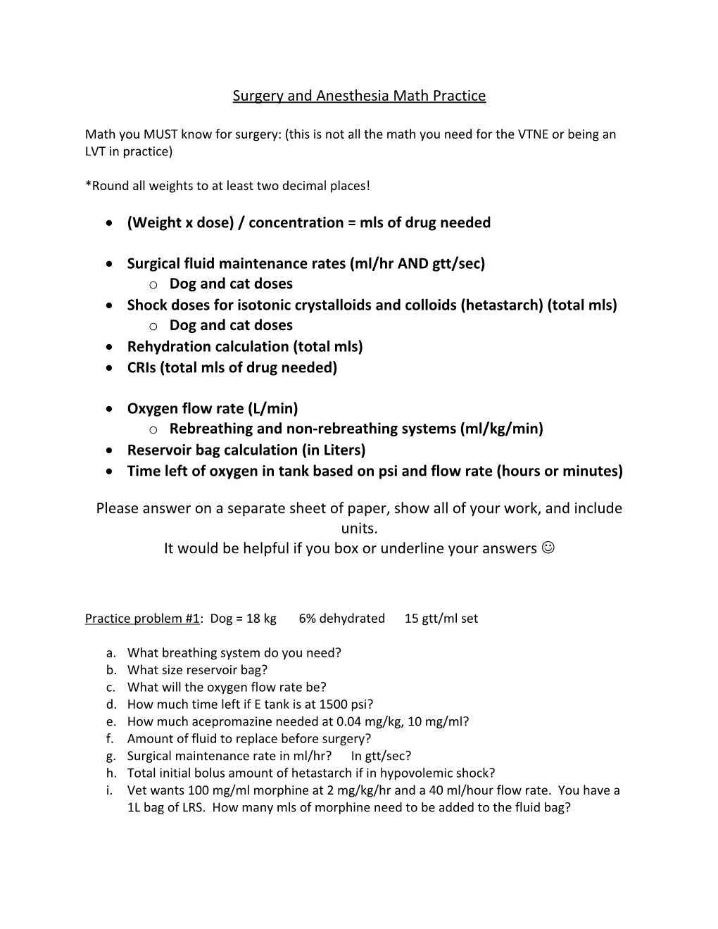 Surgery and Anesthesia Math Practice