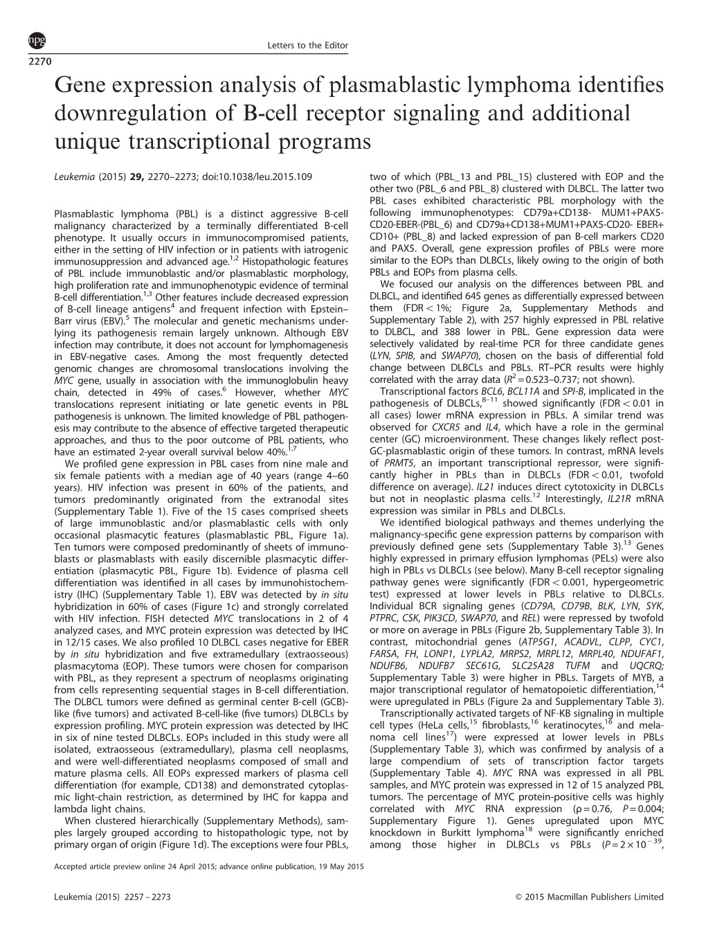 Gene Expression Analysis of Plasmablastic Lymphoma Identifies