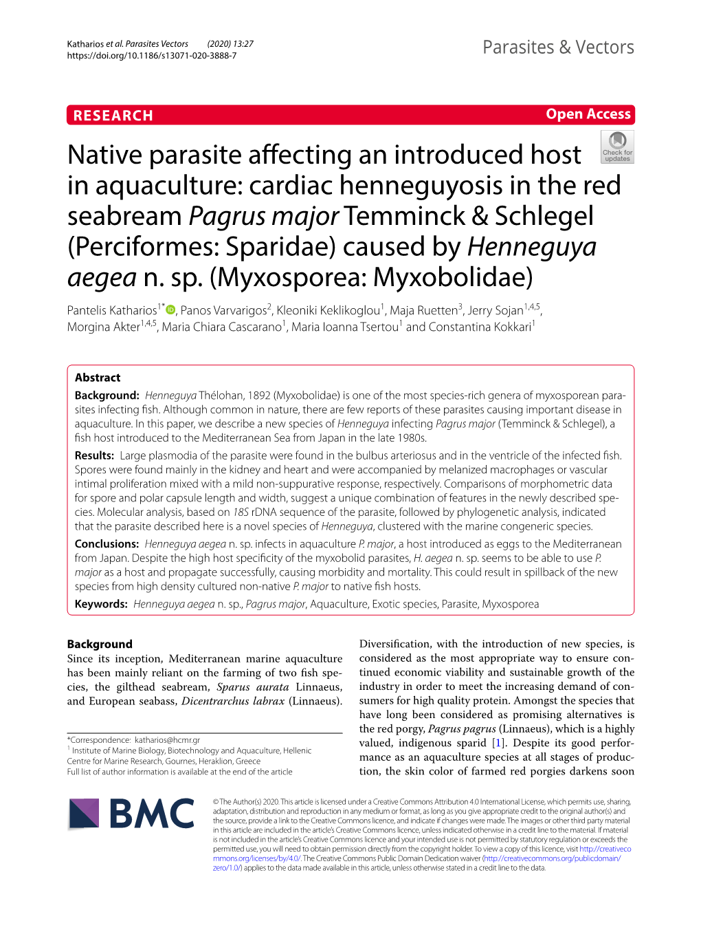 Native Parasite Affecting an Introduced Host in Aquaculture: Cardiac Henneguyosis in the Red Seabream Pagrus Major Temminck &