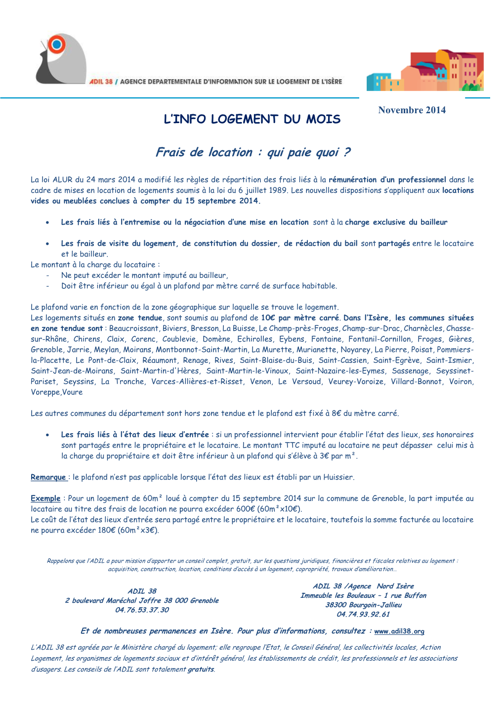Info Logement ADIL 38 De Novembre 2014 Relative Aux Frais De Location