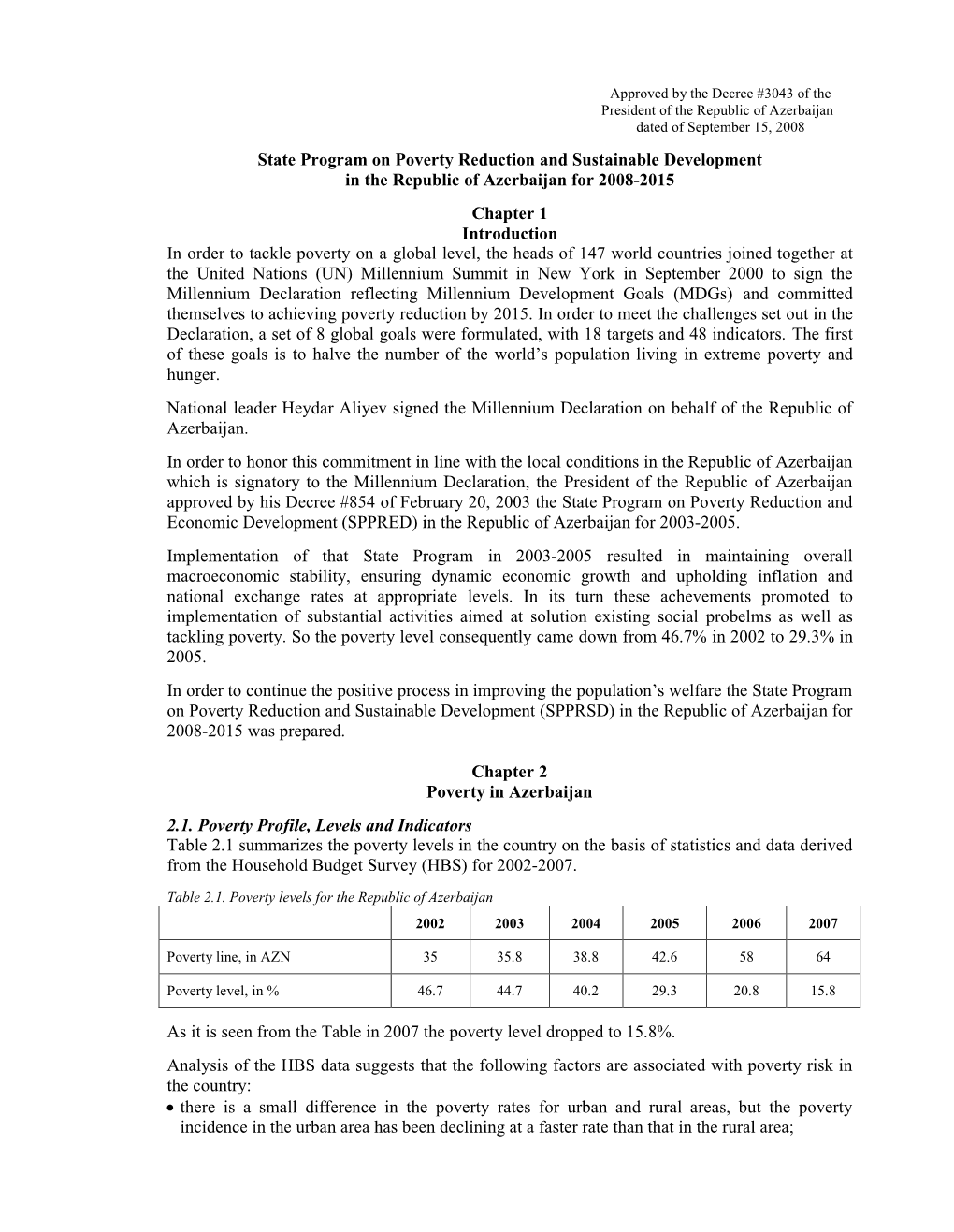 State Program on Poverty Reduction and Sustainable Development In