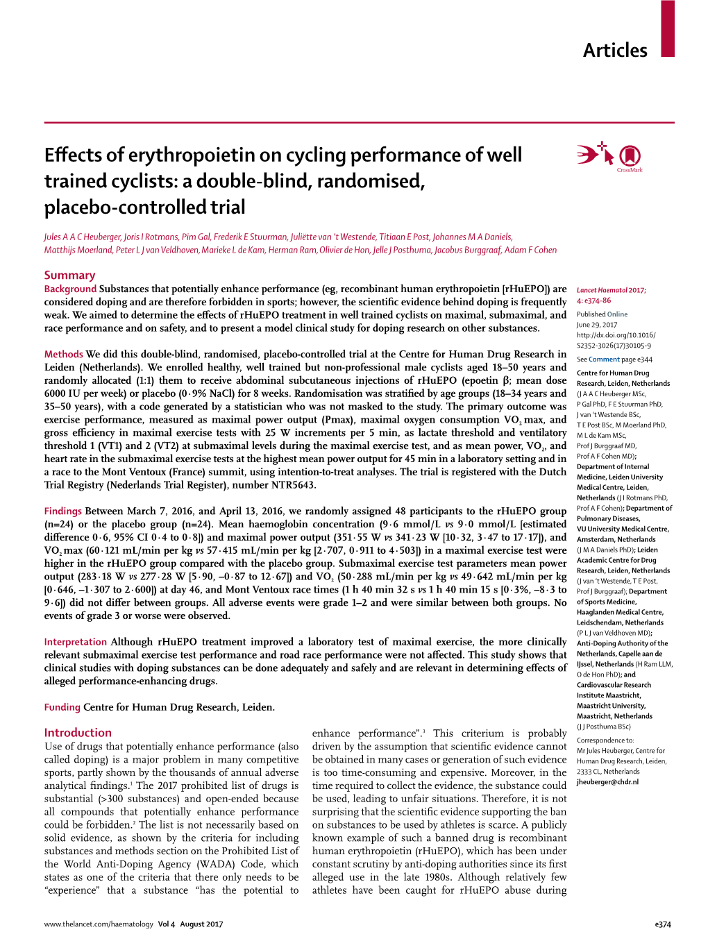 Effects of Erythropoietin on Cycling Performance of Well Trained Cyclists: a Double-Blind, Randomised, Placebo-Controlled Trial