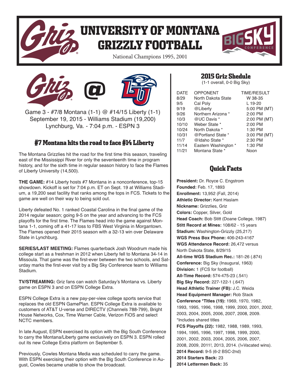 UNIVERSITY of MONTANA GRIZZLY FOOTBALL National Champions 1995, 2001