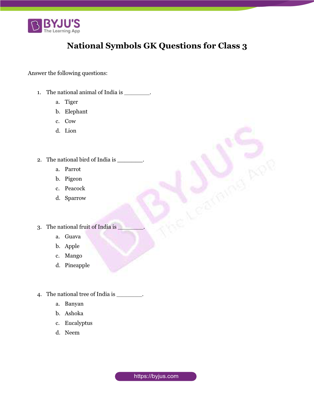 National Symbols GK Questions for Class 3