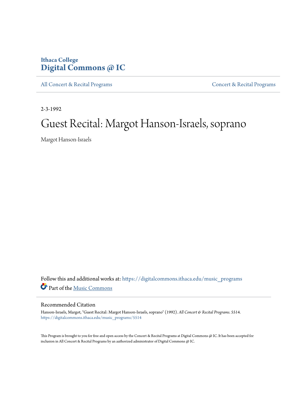 Margot Hanson-Israels, Soprano Margot Hanson-Israels