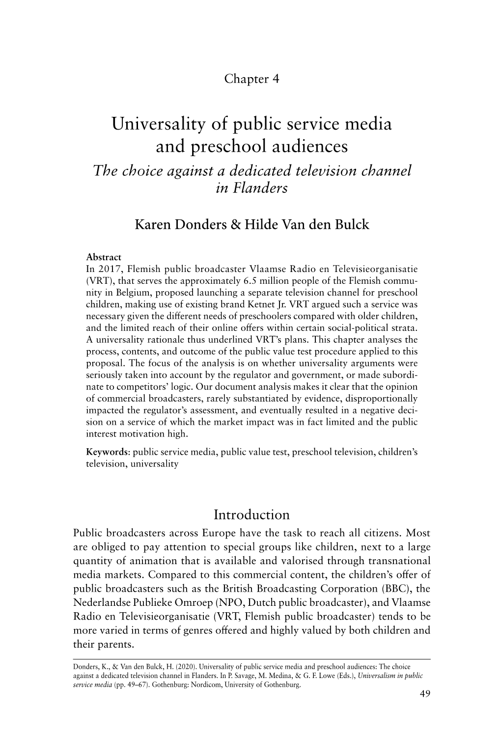 Universality of Public Service Media and Preschool Audiences the Choice Against a Dedicated Television Channel in Flanders