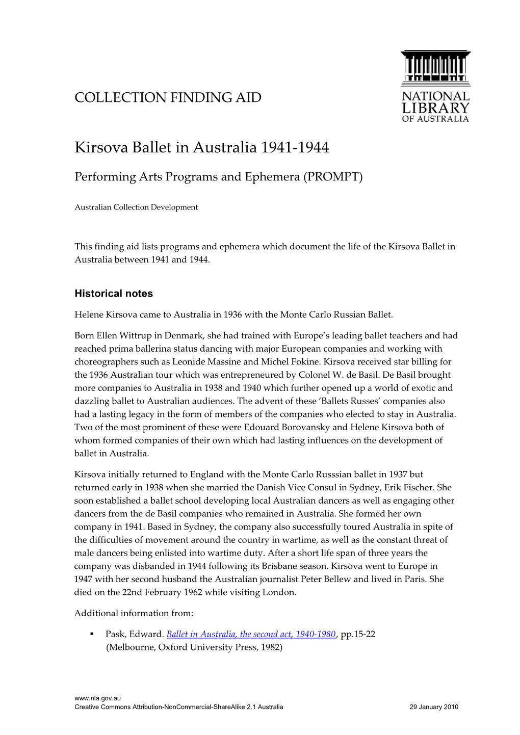 Kirsova Ballet in Australia 1941‐1944