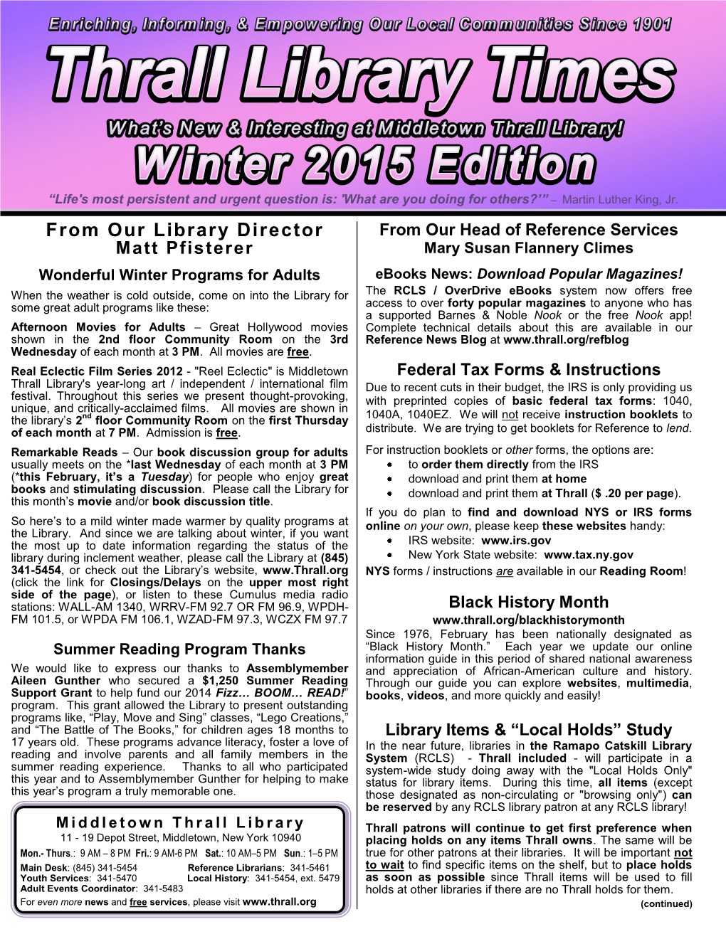 Winter 2015 Edition of Our Newsletter