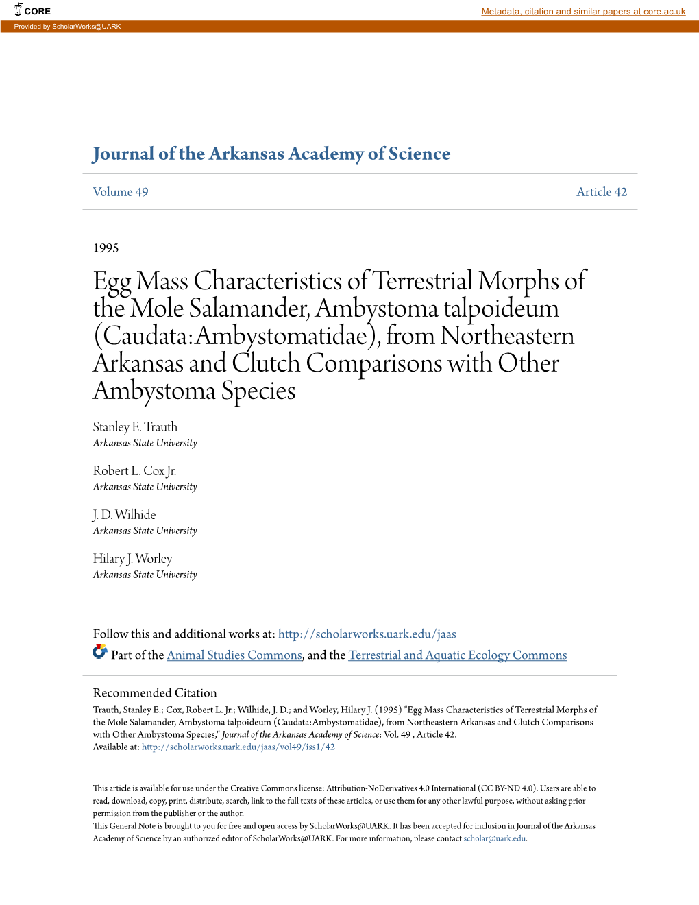 Egg Mass Characteristics of Terrestrial Morphs of the Mole Salamander