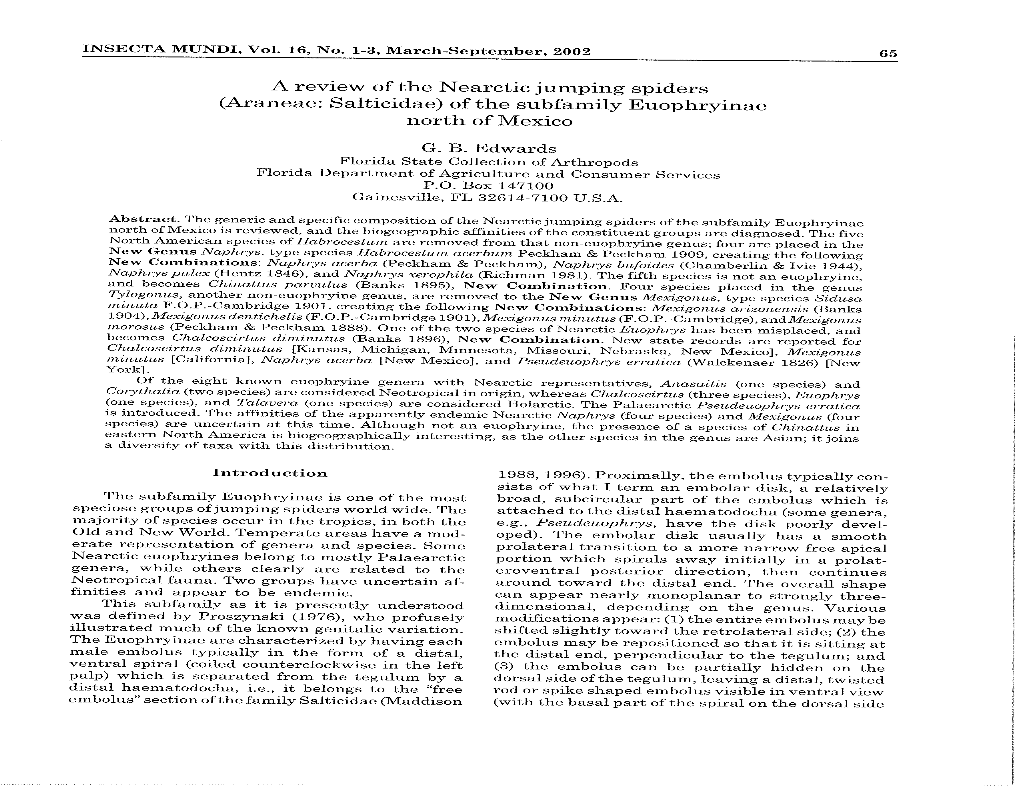 Araneae: Salticidae) of the Subfamily Euophryinae North of Mexico