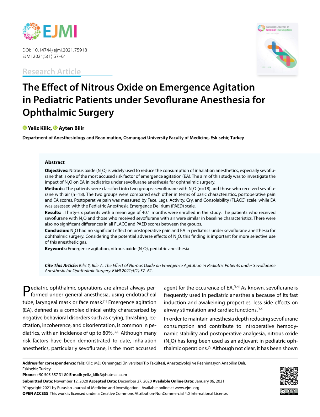 The Effect of Nitrous Oxide on Emergence Agitation in Pediatric Patients Under Sevoflurane Anesthesia for Ophthalmic Surgery