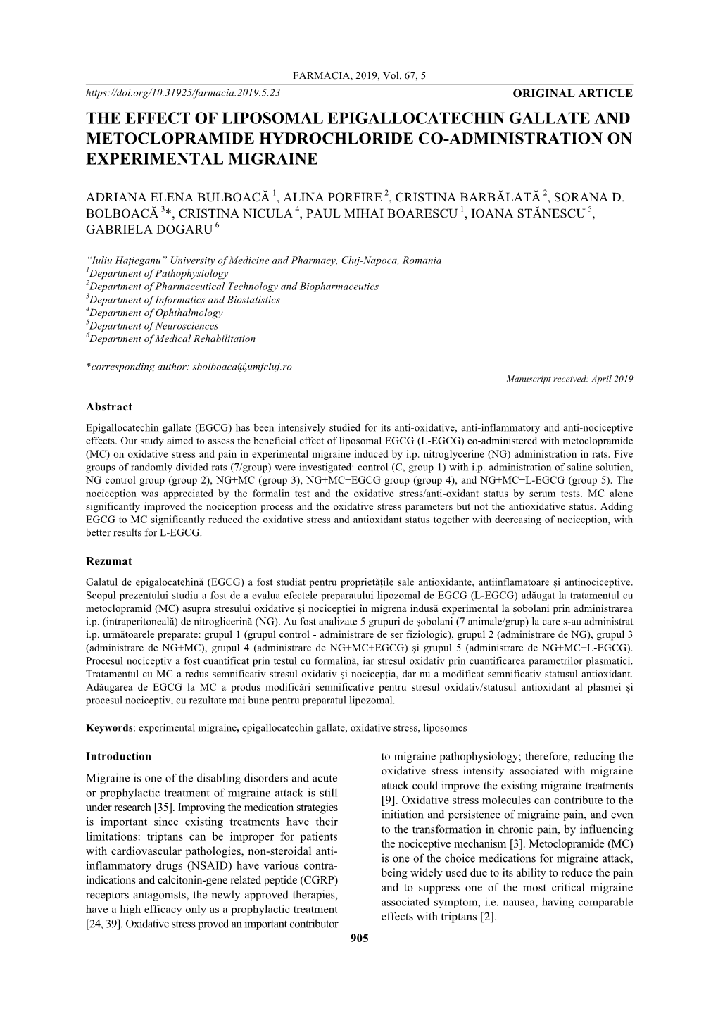 The Effect of Liposomal Epigallocatechin Gallate and Metoclopramide Hydrochloride Co-Administration on Experimental Migraine